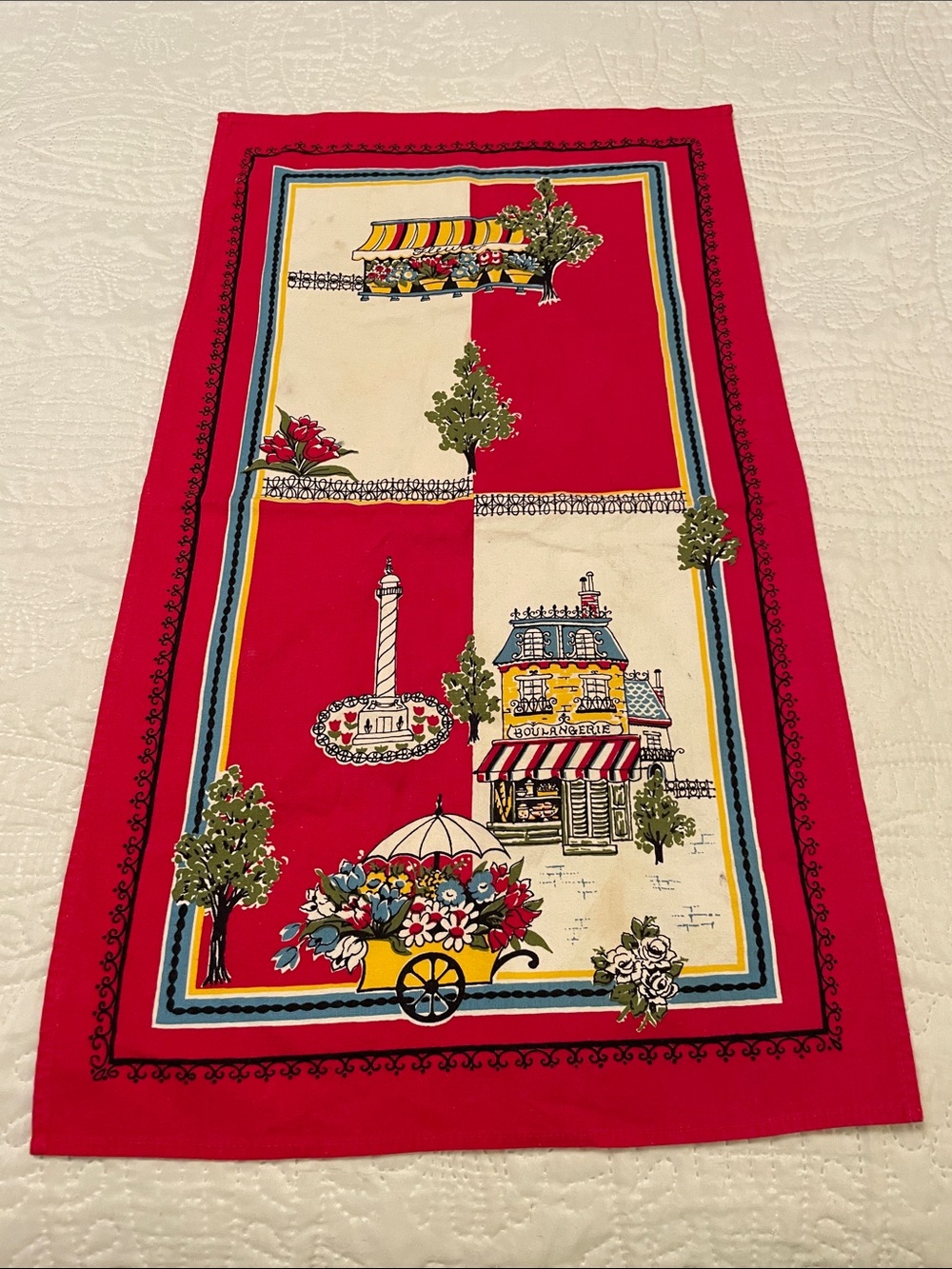 Vintage French Style Tea Towel with Boulangerie Store Scene 26x15